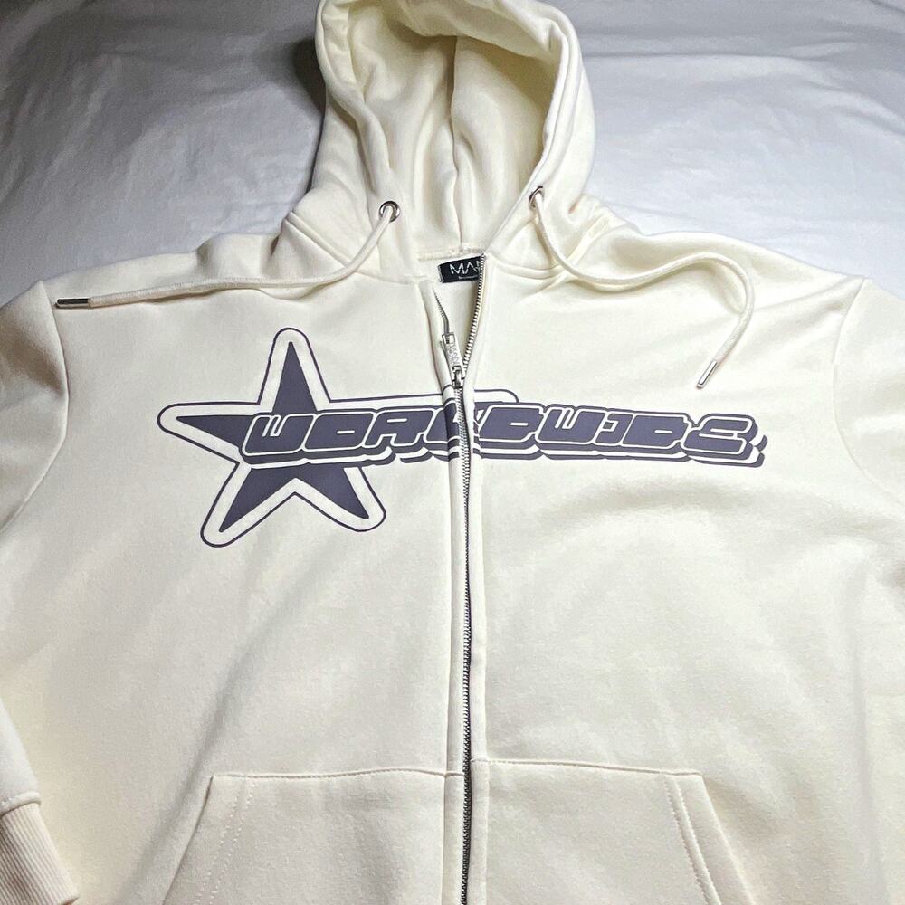 boohooMAN Men's White Full Zip Hoodie Graphic Star Logo Pockets S Regular